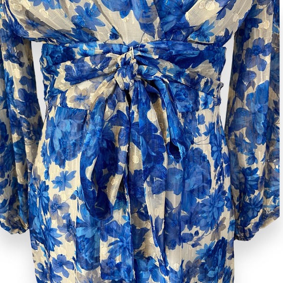 Alex Marie Simone Cobalt Floral Print Puff Sleeve Tiered A-Line V-neck Dress - Picture 5 of 8